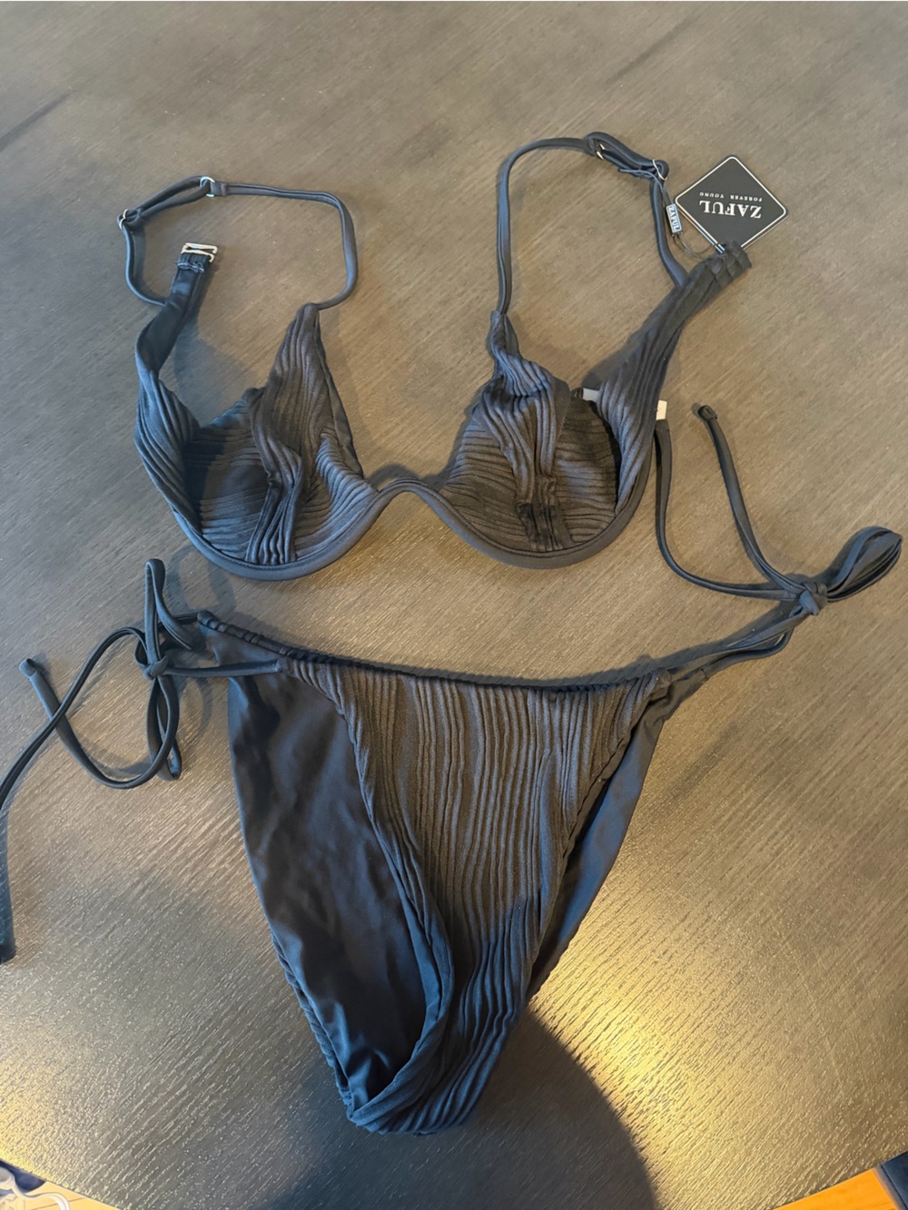 Zaful Black Ribbed Underwire Tie-Side Bikini